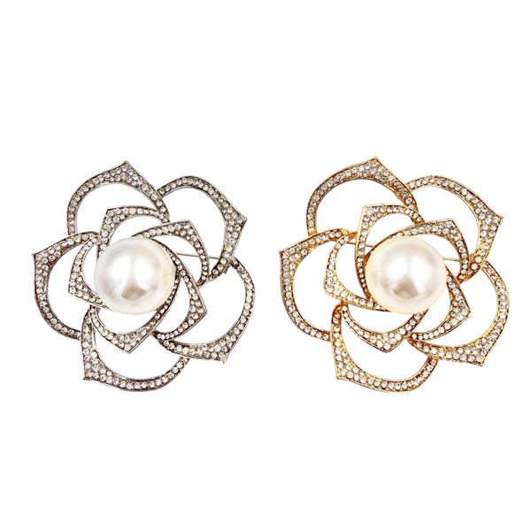 Large Crystal Pearl Rose Pin Brooch in Silver or Gold (P1417)