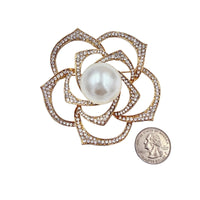 Large Crystal Pearl Rose Pin Brooch in Silver or Gold (P1417)