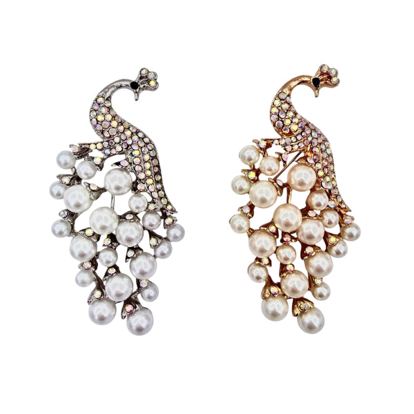 Crystal & Pearl Peacock Pin Brooch - 2 Colors (1.5x3in)
