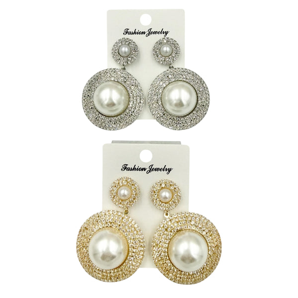 Cubic Zirconia & Pearl Round Dangle Earrings (3934)(1.5x2.25in)