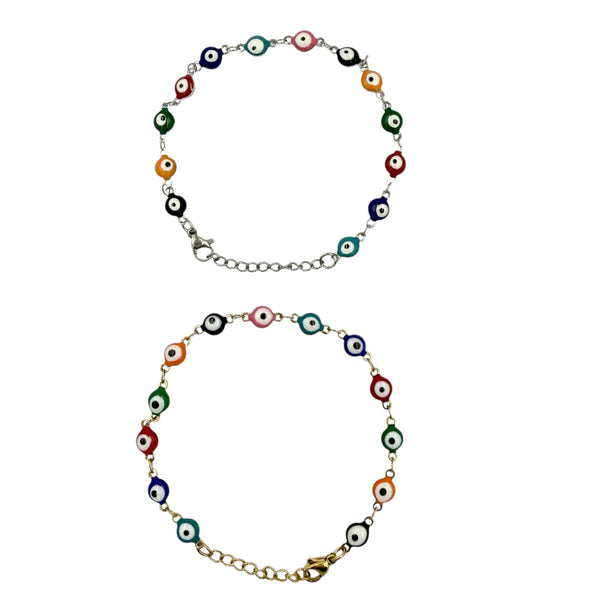 Stainless Steel Evil Eye Bracelet in Silver or Gold (6.5+1.5in)