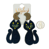 Black Cat & Half Moon Seed Bead Earrings - Beaded, Halloween (1.625x3.5in)