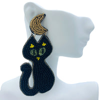 Black Cat & Half Moon Seed Bead Earrings - Beaded, Halloween (1.625x3.5in)