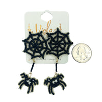 Spider Hanging From Spider Web Seed Bead Earrings - Beaded, Halloween (1.6x3in)