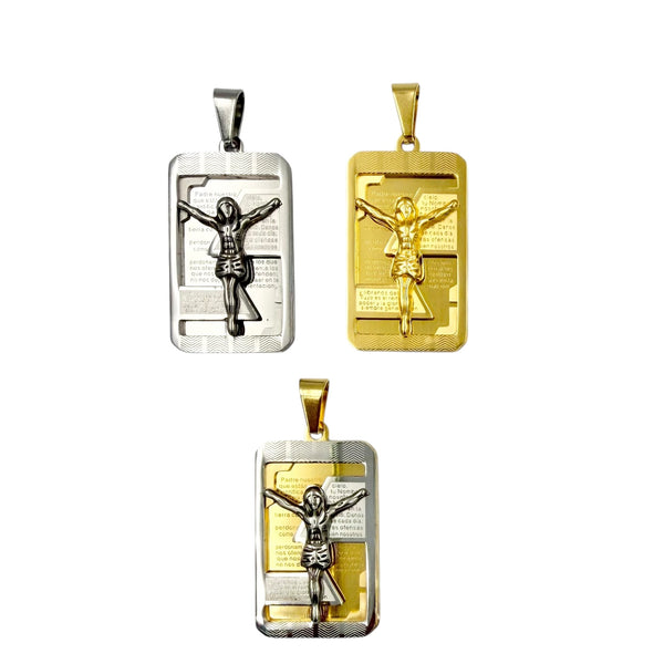 Stainless Steel Crucifix Padre Nuestro Dog Tag Pendant (7034)(0.80x2in)