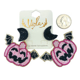 Pink Pumpkin w/ Bat Wings Seed Bead Earrings - Beaded, Halloween (2.5x2.25in)