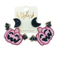 Pink Pumpkin w/ Bat Wings Seed Bead Earrings - Beaded, Halloween (2.5x2.25in)