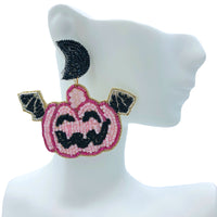 Pink Pumpkin w/ Bat Wings Seed Bead Earrings - Beaded, Halloween (2.5x2.25in)