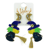 Flying Witch on Broom Seed Bead Earrings - Beaded, Halloween (1.5x3in)
