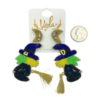 Flying Witch on Broom Seed Bead Earrings - Beaded, Halloween (1.5x3in)