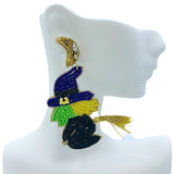 Flying Witch on Broom Seed Bead Earrings - Beaded, Halloween (1.5x3in)