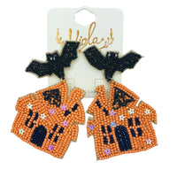 Haunted House & Bat Seed Bead Earrings - Beaded, Halloween (2x2.75in)