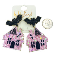 Haunted House & Bat Seed Bead Earrings - Beaded, Halloween (2x2.75in)