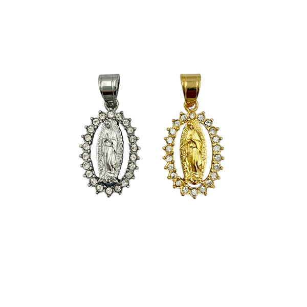 Stainless Steel Guadalupe Crystal Halo Portrait Pendant (8372)(0.6x1.5in)