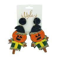 Pumpkin Head Scarecrow Seed Bead Earrings - Beaded, Halloween (1.5x3in)