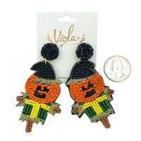 Pumpkin Head Scarecrow Seed Bead Earrings - Beaded, Halloween (1.5x3in)