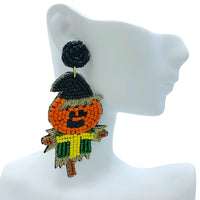 Pumpkin Head Scarecrow Seed Bead Earrings - Beaded, Halloween (1.5x3in)