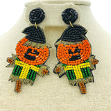 Pumpkin Head Scarecrow Seed Bead Earrings - Beaded, Halloween (1.5x3in)