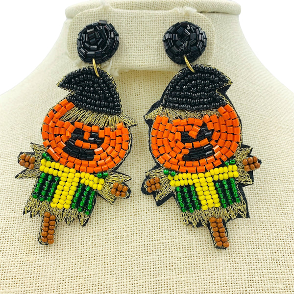Pumpkin Head Scarecrow Seed Bead Earrings - Beaded, Halloween (1.5x3in)