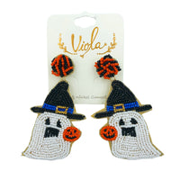 Witch Hat Ghost Pumpkin Seed Bead Earrings - Beaded, Halloween (1.5x2.75in)