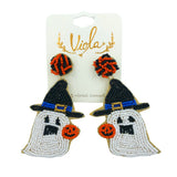 Witch Hat Ghost Pumpkin Seed Bead Earrings - Beaded, Halloween (1.5x2.75in)