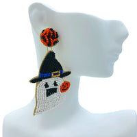 Witch Hat Ghost Pumpkin Seed Bead Earrings - Beaded, Halloween (1.5x2.75in)