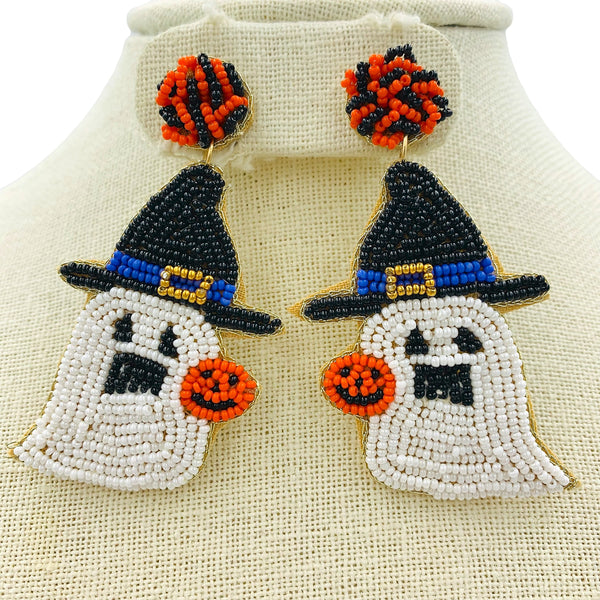 Witch Hat Ghost Pumpkin Seed Bead Earrings - Beaded, Halloween (1.5x2.75in)