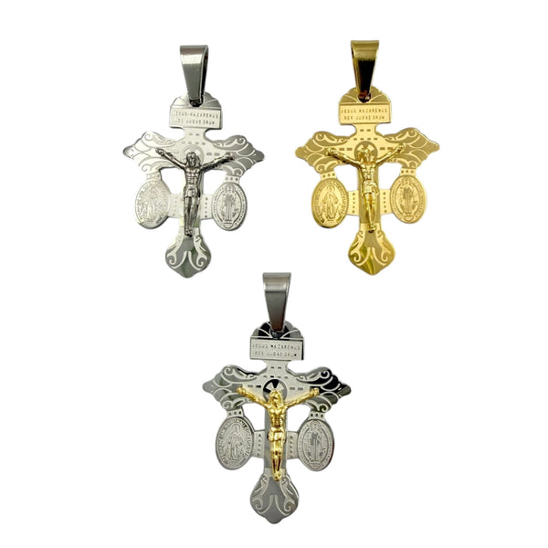Stainless Steel Small Crucifix San Benito Pendant - 3 Colors (3342)(0.75x1.25in)