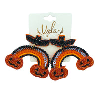 Bat & Pumpkin Halloween Rainbow Seed Bead Earrings - Beaded (2.25x2.25in)