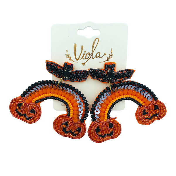 Bat & Pumpkin Halloween Rainbow Seed Bead Earrings - Beaded (2.25x2.25in)