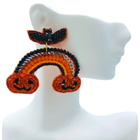 Bat & Pumpkin Halloween Rainbow Seed Bead Earrings - Beaded (2.25x2.25in)