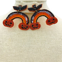 Bat & Pumpkin Halloween Rainbow Seed Bead Earrings - Beaded (2.25x2.25in)