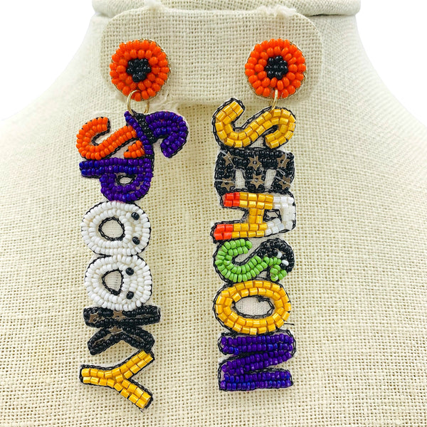 Spooky Season Halloween Word Seed Bead Earrings - Beaded (.75x3.1in)