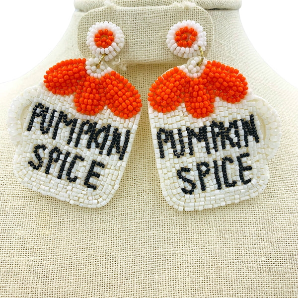 Pumpkin Spice Latte Seed Bead Halloween Thanksgiving Beaded Earrings (2x2.75in)
