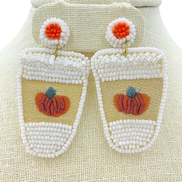 Pumpkin Latte Seed Bead Earrings - Thanksgiving, Halloween, Beaded (1.25x2.5in)