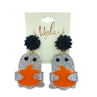 Acrylic & Glitter Ghost Holding Pumpkin Beaded Halloween Earrings (1.25x2.25in)