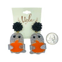 Acrylic & Glitter Ghost Holding Pumpkin Beaded Halloween Earrings (1.25x2.25in)