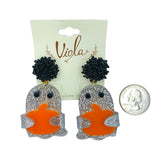 Acrylic & Glitter Ghost Holding Pumpkin Beaded Halloween Earrings (1.25x2.25in)