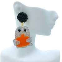 Acrylic & Glitter Ghost Holding Pumpkin Beaded Halloween Earrings (1.25x2.25in)