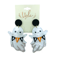Acrylic & Glitter Ghost Holding Boo Banner Halloween Earrings (1.75x2.75in)