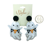 Acrylic & Glitter Ghost Holding Boo Banner Halloween Earrings (1.75x2.75in)