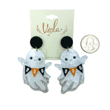 Acrylic & Glitter Ghost Holding Boo Banner Halloween Earrings (1.75x2.75in)