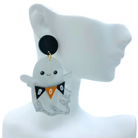 Acrylic & Glitter Ghost Holding Boo Banner Halloween Earrings (1.75x2.75in)