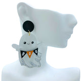 Acrylic & Glitter Ghost Holding Boo Banner Halloween Earrings (1.75x2.75in)