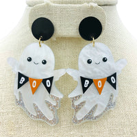 Acrylic & Glitter Ghost Holding Boo Banner Halloween Earrings (1.75x2.75in)