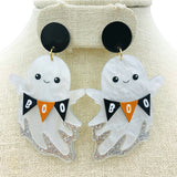 Acrylic & Glitter Ghost Holding Boo Banner Halloween Earrings (1.75x2.75in)
