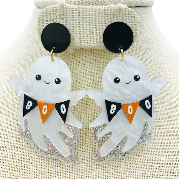Acrylic & Glitter Ghost Holding Boo Banner Halloween Earrings (1.75x2.75in)