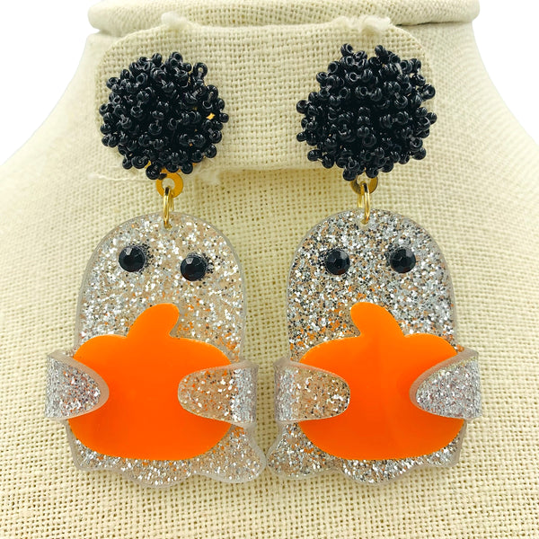 Acrylic & Glitter Ghost Holding Pumpkin Beaded Halloween Earrings (1.25x2.25in)
