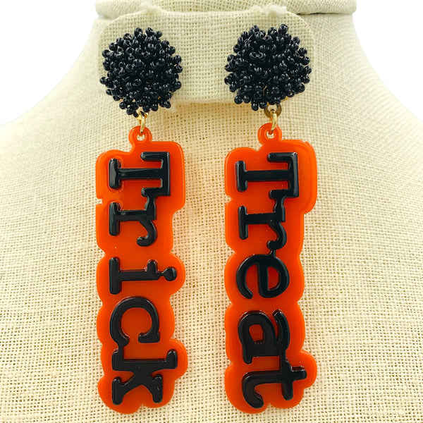 Acrylic Trick or Treat Word Beaded Halloween Earrings (.8x3.25in)