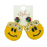 Hippie Smiley Face Seed Bead Earrings - Flower Crown, Beaded (1.8x2.5in)